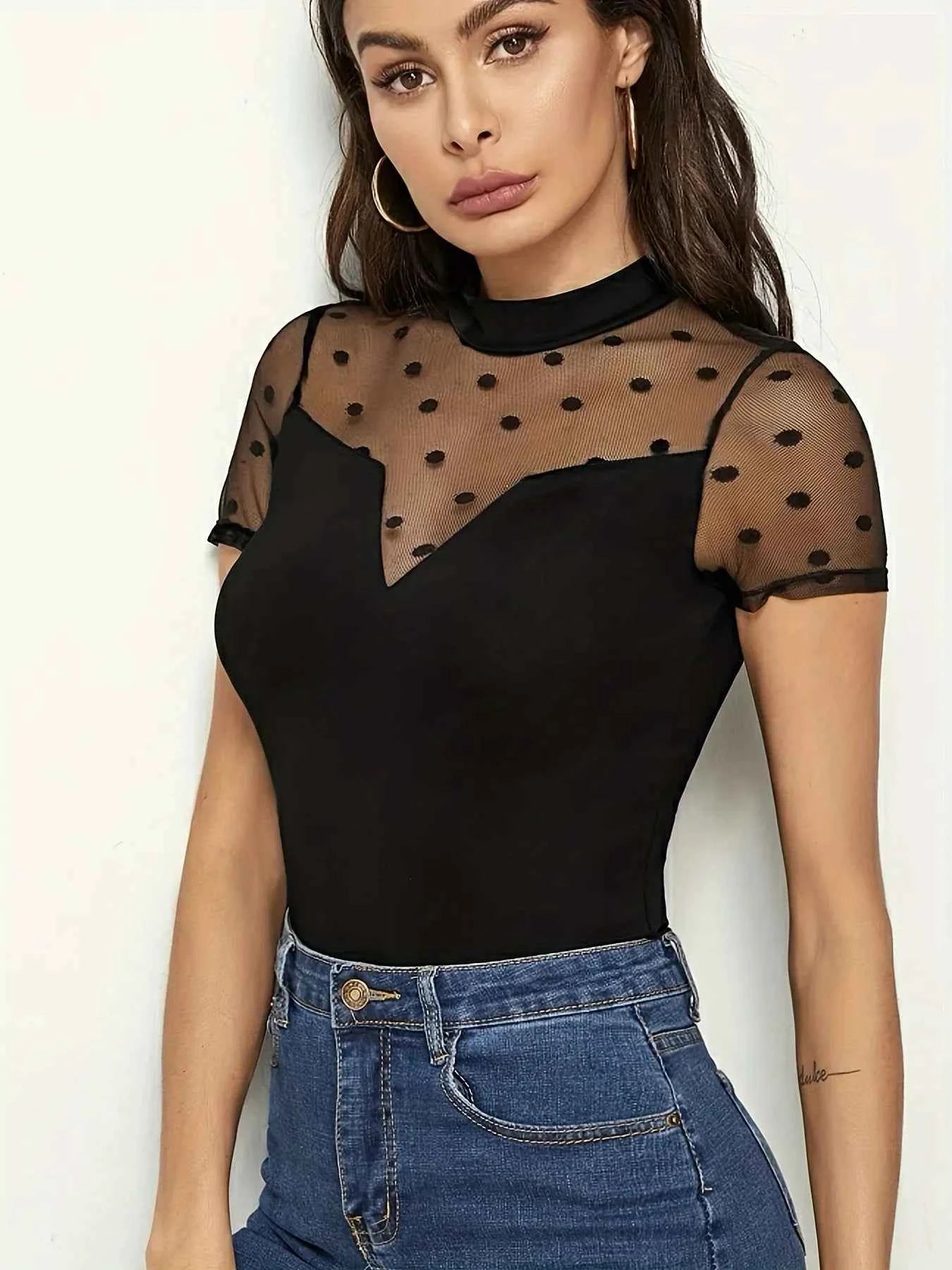 Mesh Polka Dot Mock Neck Top 99813039-b679-442d-bc8d-3c4ec493a187-Max-Origin
