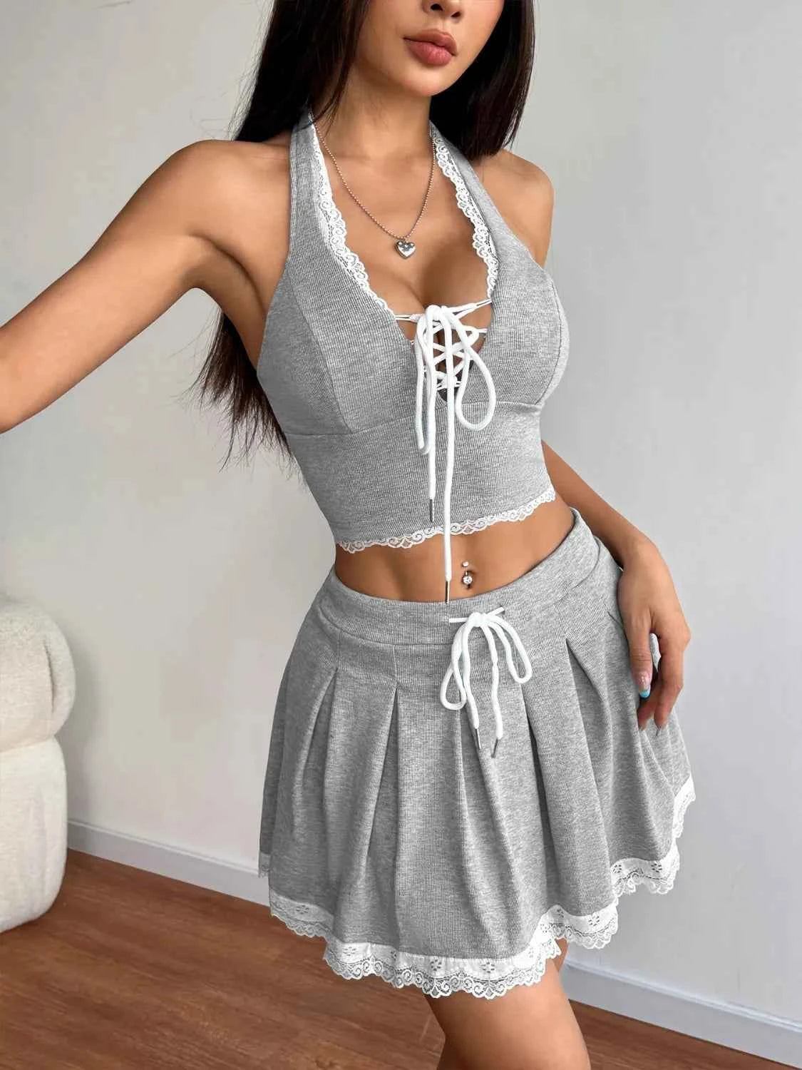 Lace Up Halter Neck Top and Skirt Set 9981645d-4519-4572-a0e9-a315a6e8467d-Max-Origin