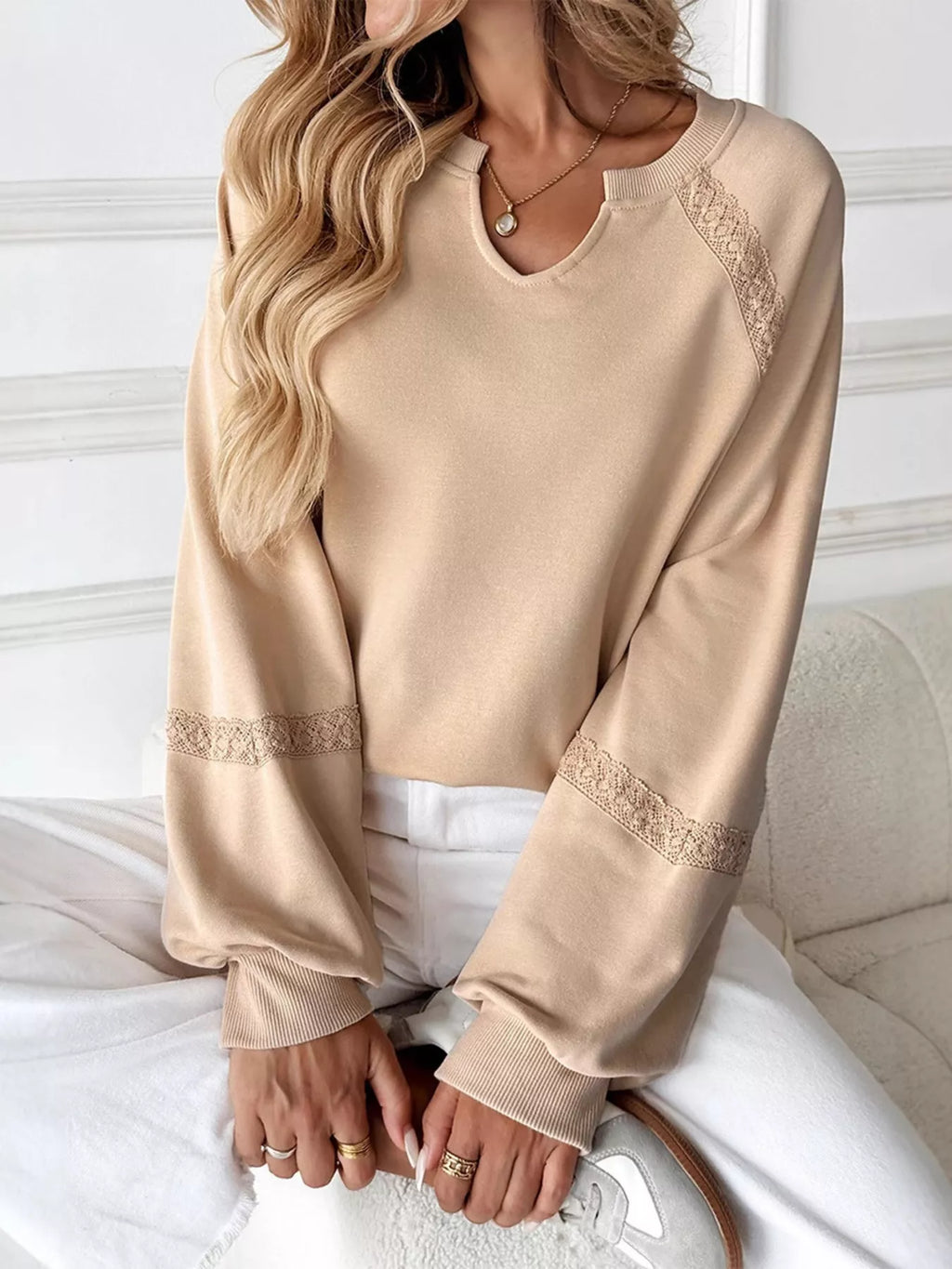 Lace Detail Notched Long Sleeve Sweatshirt Apricot 998fb5fd817a4d88aed919d2bad376e4-Max-Origin