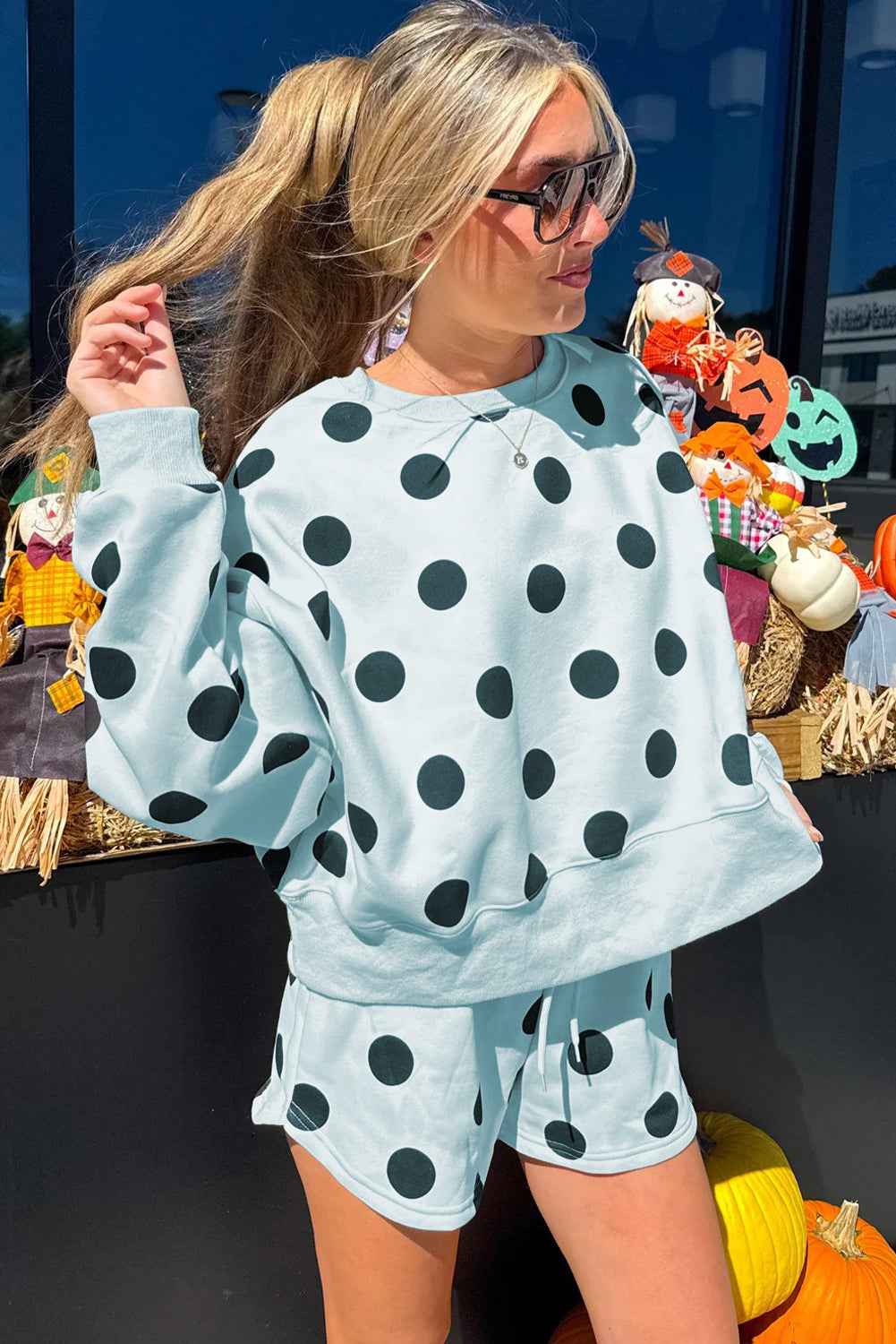 Sky Blue Polka Dot Print Drop Shoulder Pullover Drawstring Shorts Set 9994e94896affc5d