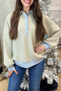 Beau Blue Striped Henley Collar Textured Sweatshirt Beau Blue 85%Polyester+10%Viscose+5%Elastane 999781a8f2f4fb90