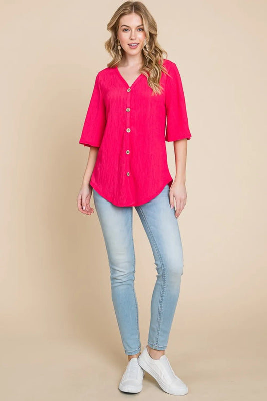BOMBOM Texture Decorative Button V-Neck Top 99993a55-7131-4459-8451-f4c7168dd0e5-Max