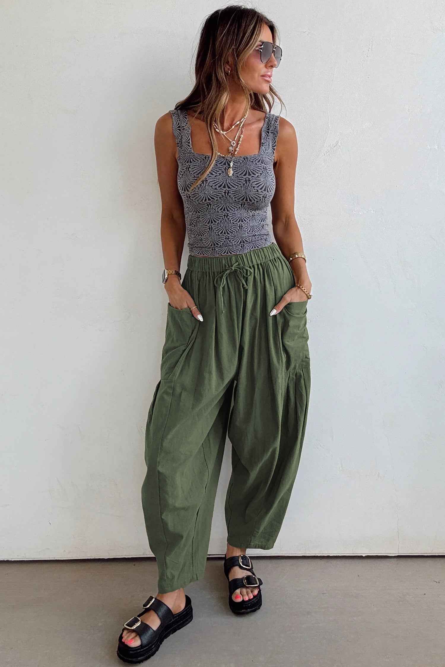 Jungle Green Drawstring Elastic Waist Patch Pocket Barrel Leg Casual Pants 999977f7e987f7dd