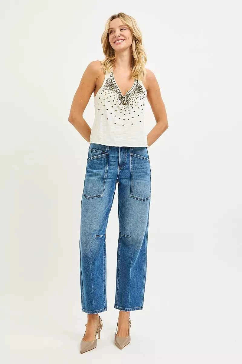 RISEN 4 Way Stretch Mid Rise Barrel Jeans with Patch Pocket Detail 999f32f6ba7446ae8c776fd9451e8b70-Max-Origin