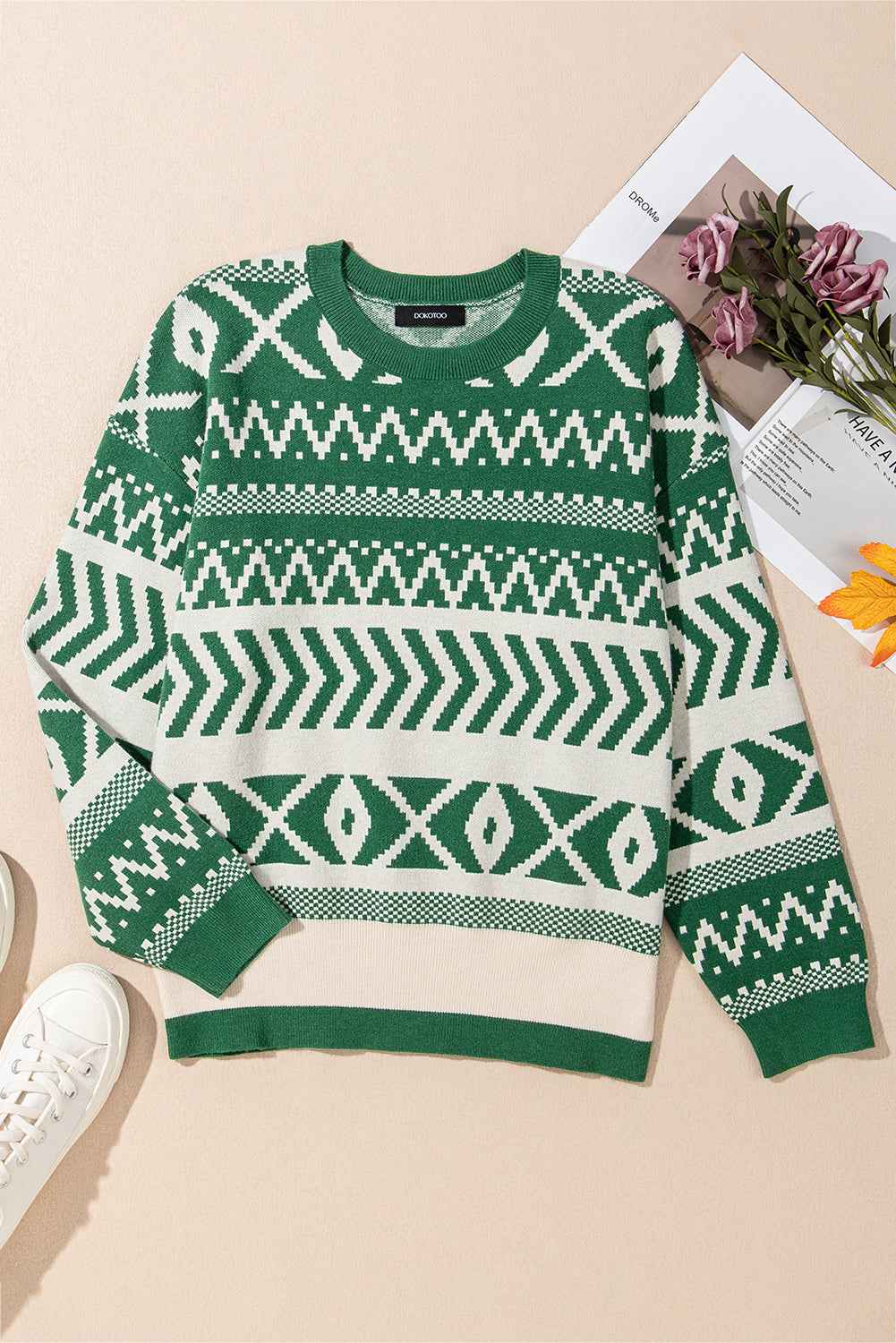 Dark Green Abstract Print Pullover Sweater 99a240c9ffa36735