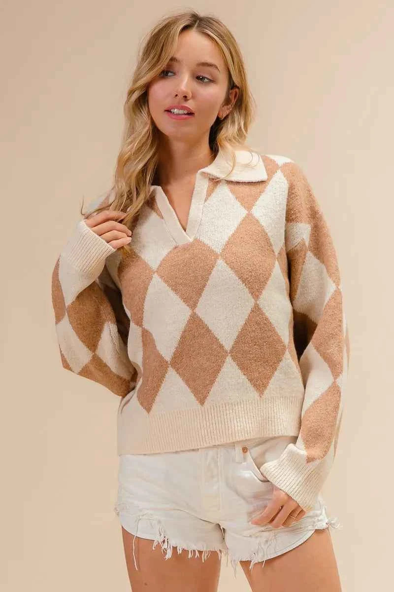 BiBi Diamond Pattern Collared Notch Neck Sweater 99a36d3668fb4ead83c80ab0406f0700-Max-Origin