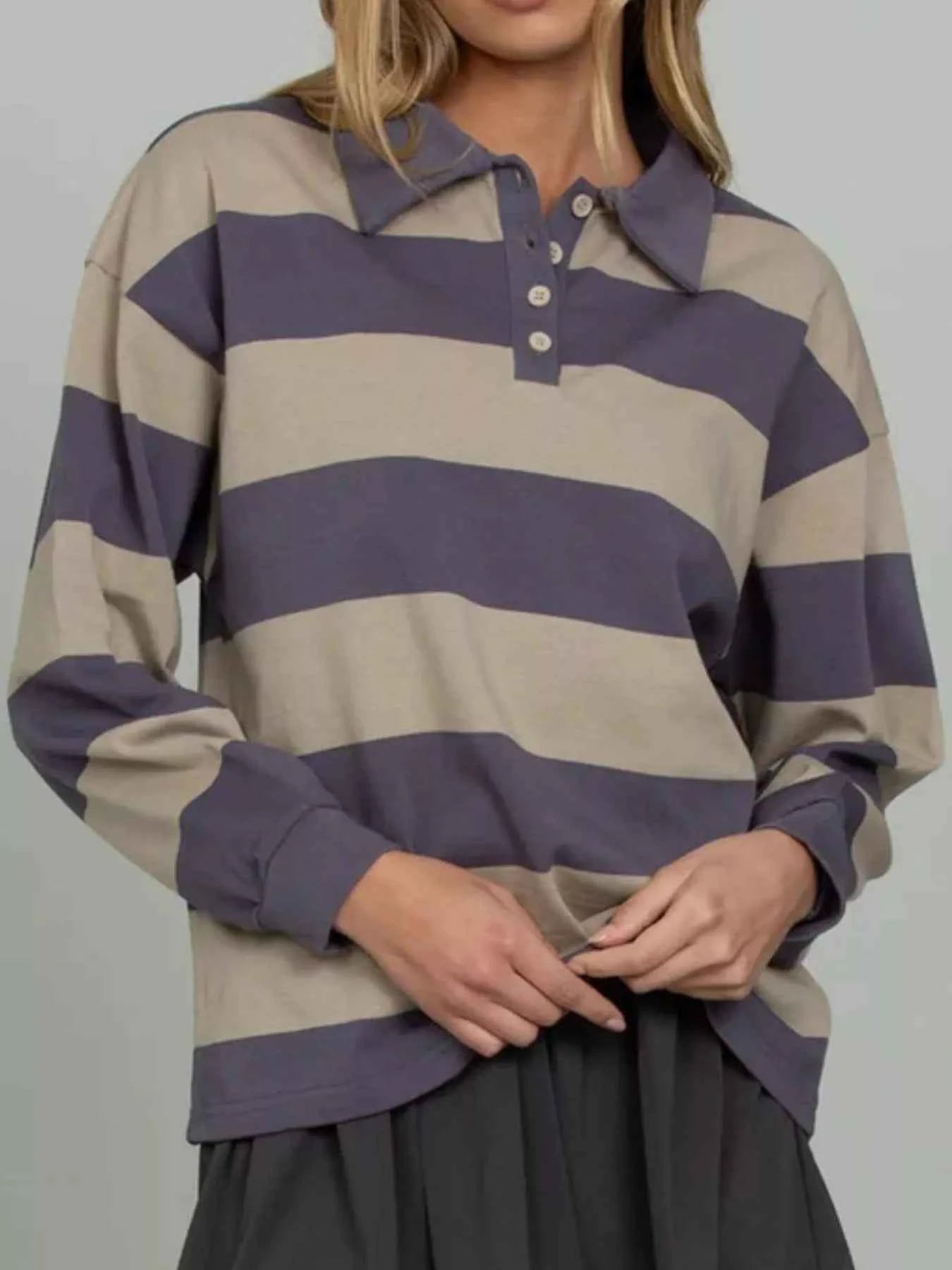Striped Polo Collar Sweatshirt with Button Details 99a3c6f7-3c65-45b9-a47d-f4c00b972567-Max-Origin