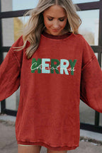 Racing Red Corded MERRY Christmas Letter Terry Flocking Sweatshirt 99a56653bd76ee45