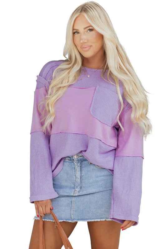 Colorblock Waffle Knit Patchwork Long Sleeve Top 99a5fcc8-50a0-4078-84f6-a308cbdea024