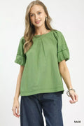 Umgee Round Neck Puff Sleeve Top with Contrast Stitch Detail SAGE 99a66dd5-35b6-48c1-af79-bbd86de76dc5-Max-Origin