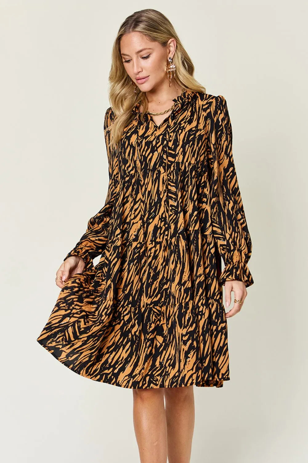 Double Take Full Size Printed Ruffle Hem Long Sleeve Dress 99abb103-da4e-43ff-9b61-91d6092bc403-Max