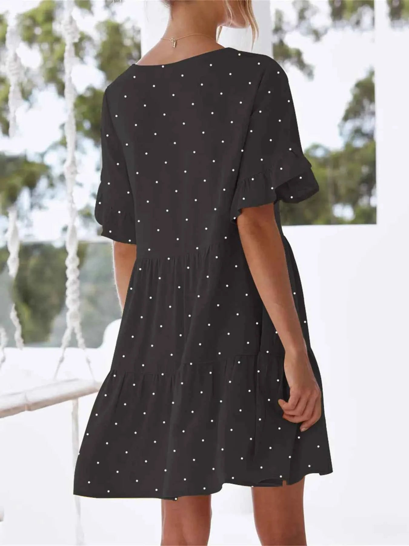 Polka Dot V-Neck Short Sleeve Mini Dress 99ac7d202af742cd99f5d025b7846bb9-Max-Origin
