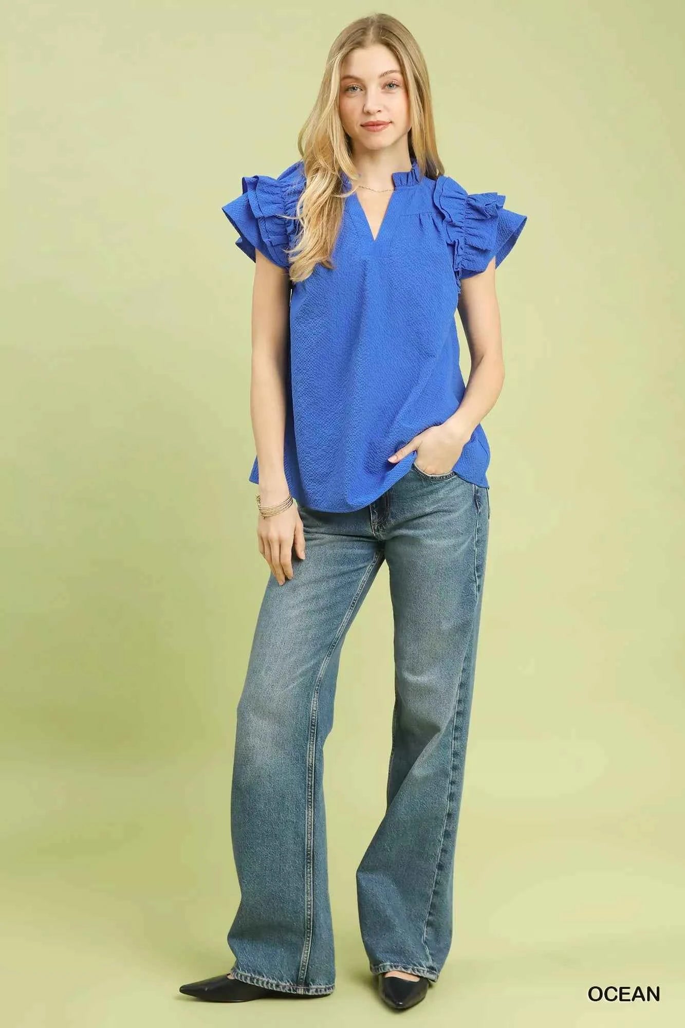 Textured Ruffle Sleeve Notched Top 99b1cb2c-c41c-4e5d-900a-9736bfd252aa-Max-Origin