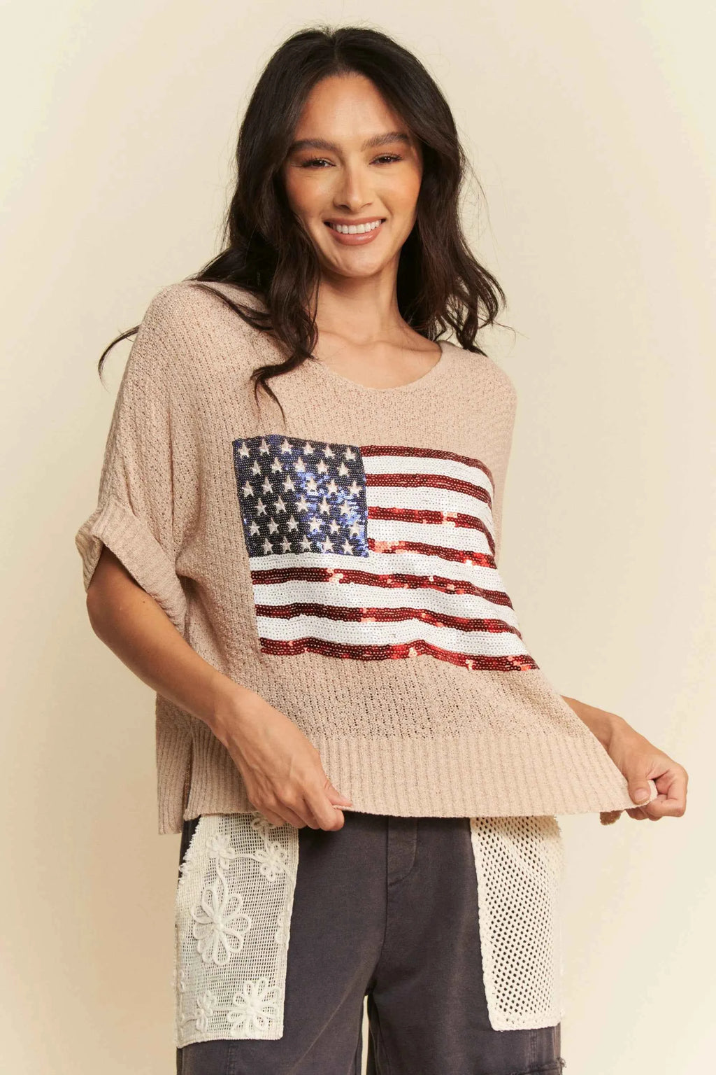 Davi & Dani Sequin American Flag Patch Short Sleeve Knit Top 99b3d95299e2402691128b7983f504e5-Max-Origin