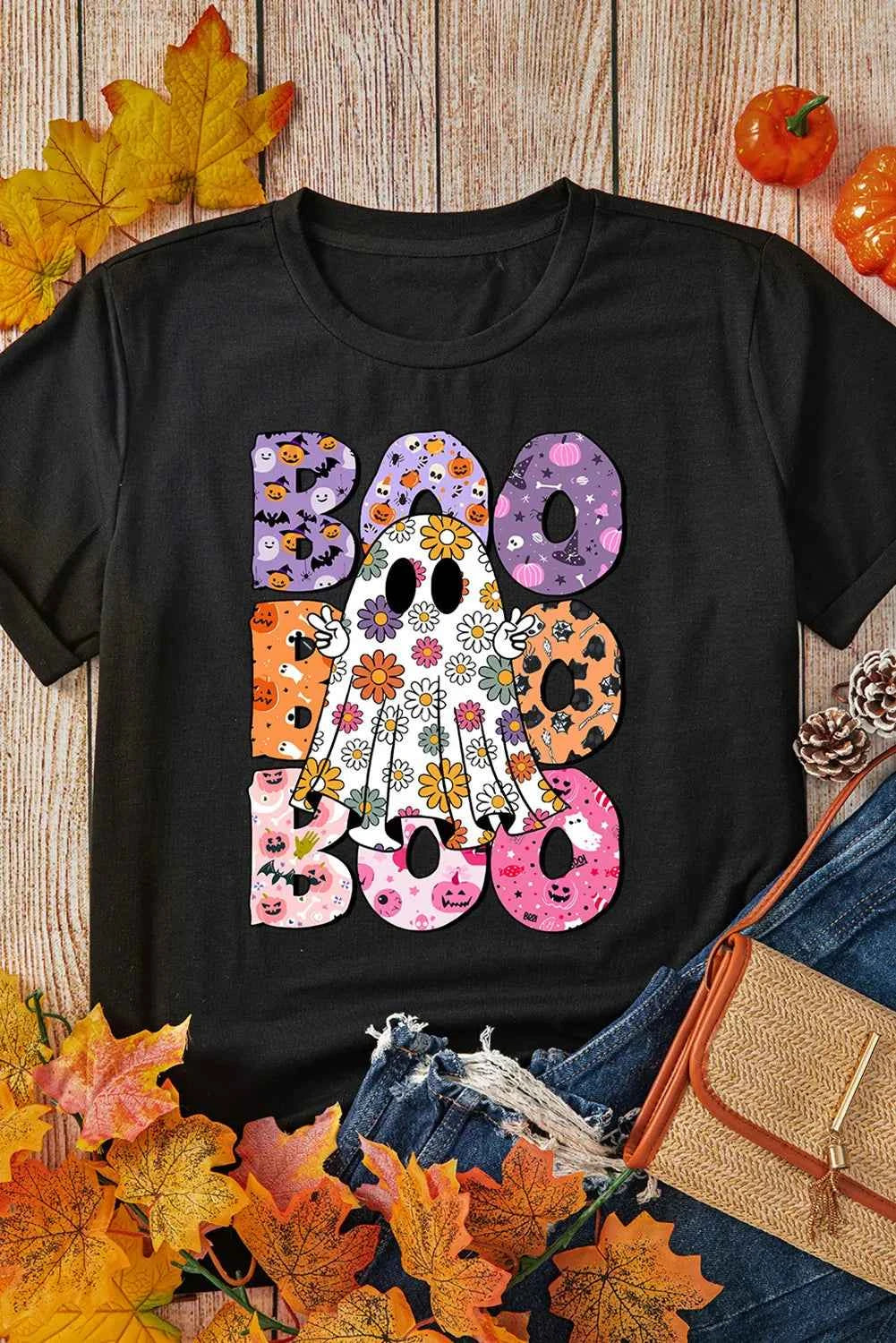 BOO Ghost Graphic Round Neck Short Sleeve T-Shirt 99b666e0-679d-4013-a304-0468773df617-Max
