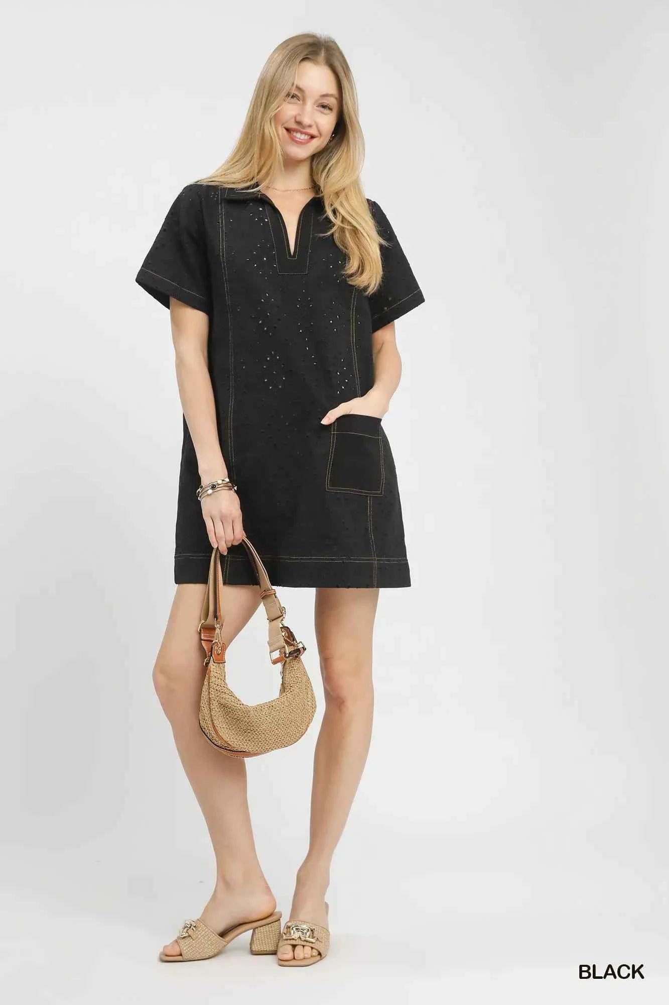 Umgee Eyelet Short Sleeve Shift Dress with Pocket 99b94dc3-2a2c-41f0-bae3-5d1f96994218-Max-Origin