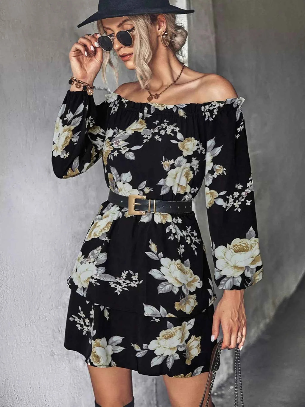 Off-Shoulder Floral Print Long Sleeve Mini Dress 99bd6aec-dc72-4ec3-ad8e-20bbb36f46d7-Max-Origin
