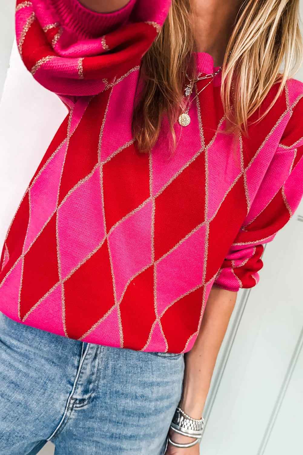 Rose Red Glitter Rhombus Pattern Knit Womens Casual Sweater 99d26feb8d32a3ed