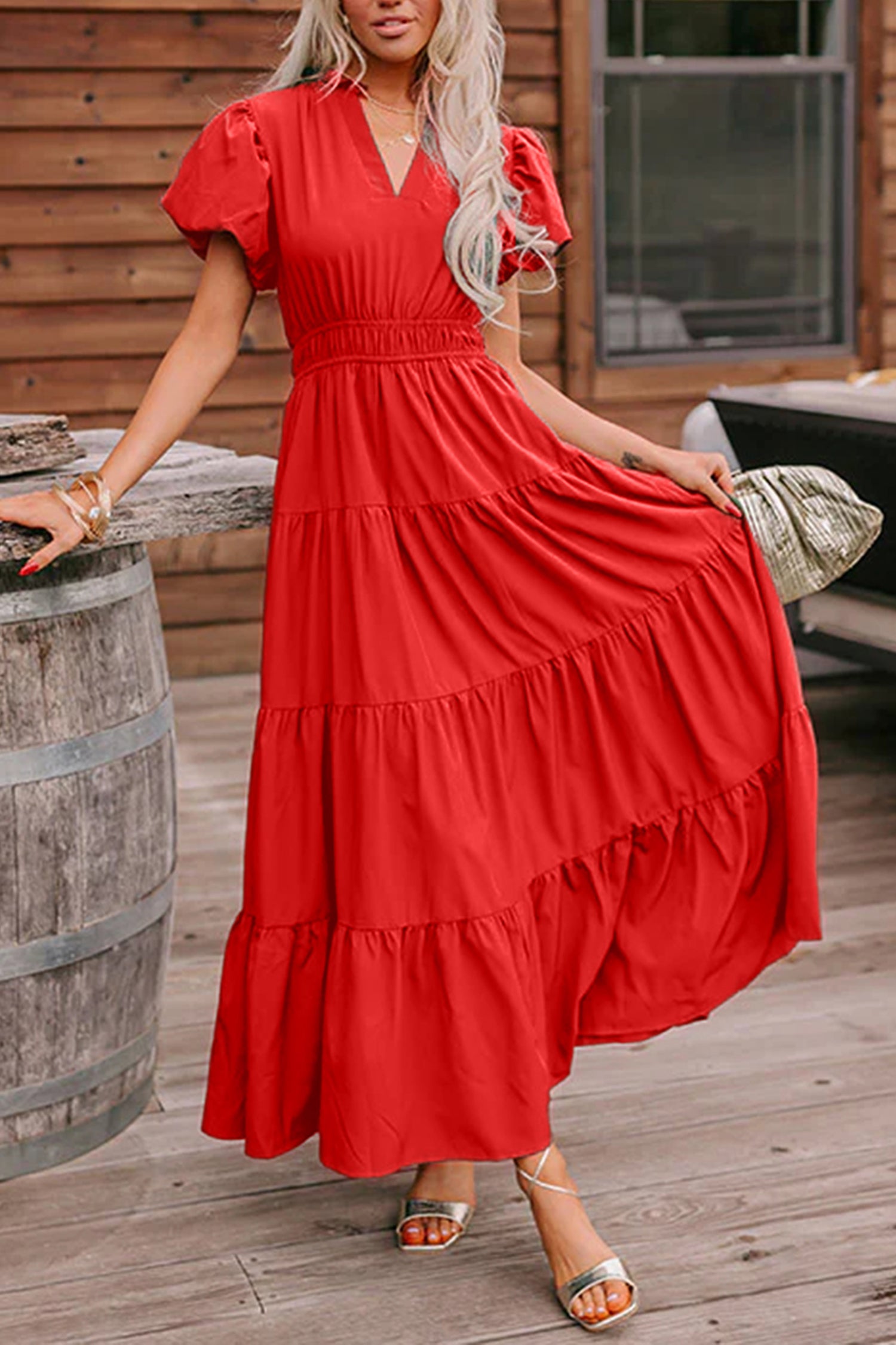 Bright Green Solid Color V Neck Short Puff Sleeve High Waist Tiered Maxi Dress Coral 100%Polyester 99daffa48d4185a1