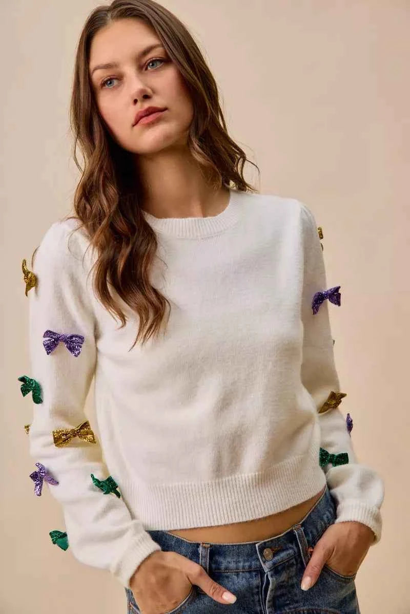 SO ME Mardi Gras Glitter Bow Ribbon Sweater Knit Top 99e1548e444b4a14b380478ec3723016-Max-Origin