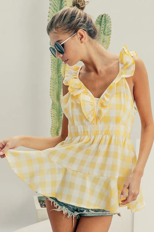 Ruffled Neckline Sleeveless Check Plaid Peplum Top 99e1f3c08ced45299b5e330342fa4769-Max-Origin