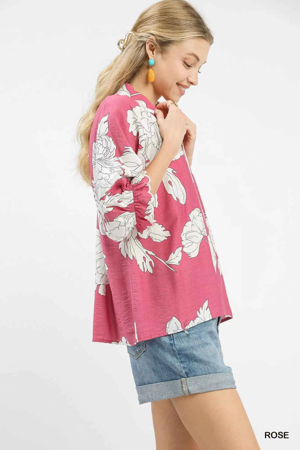 Umgee Peony Illustration Print Flounce Sleeve Blouse