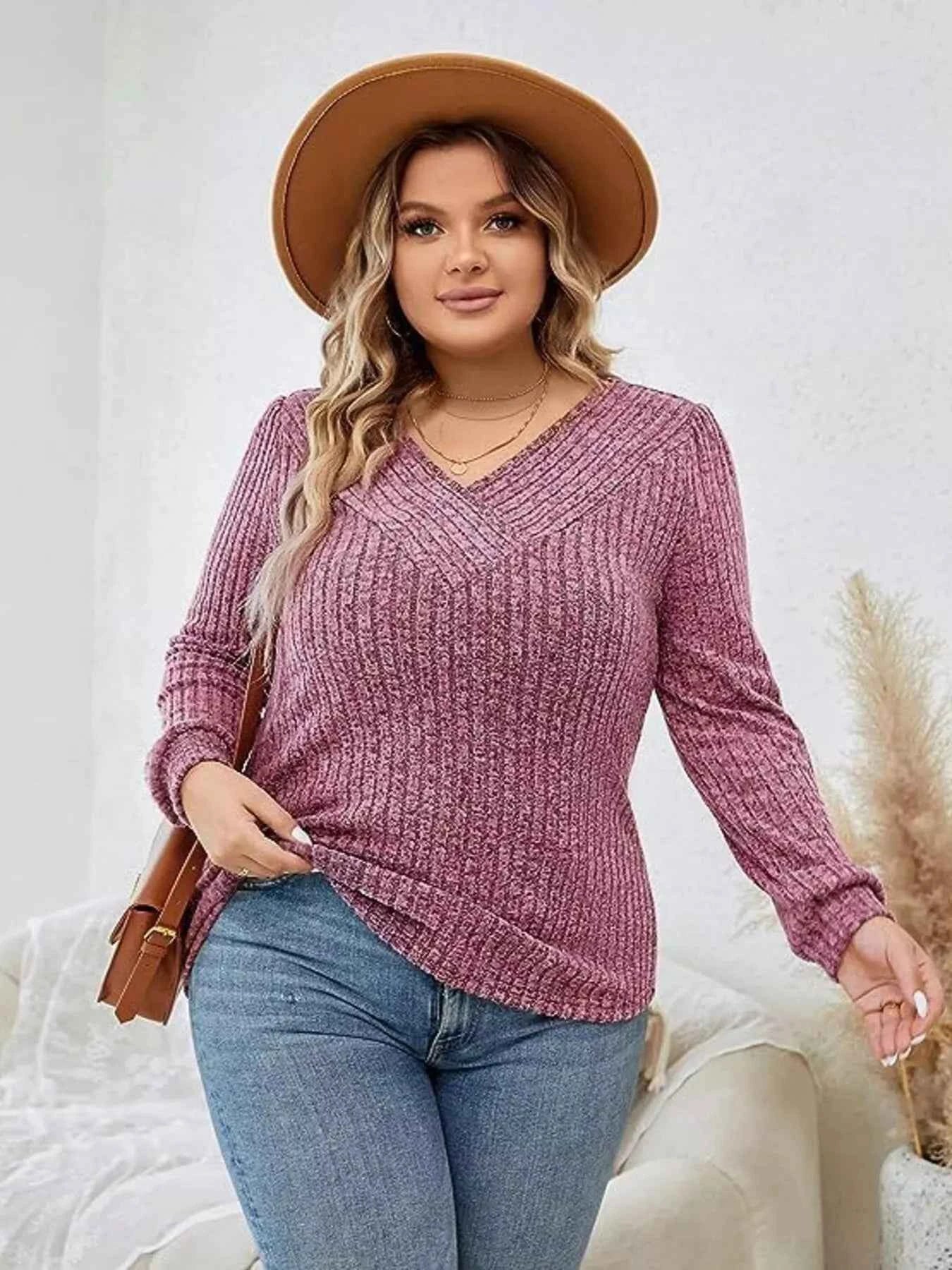 V-Neck Ribbed Long Sleeve Knit Top 99ead0d293a94be685b204602d4f75b5-Max-Origin