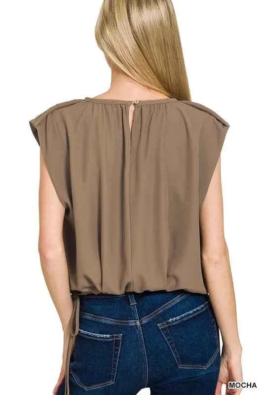 Zenana Woven Drawstring Tie Side Sleeveless Top 99ebf8fd9663466b8c6ecf13c43fedda-Max-Origin