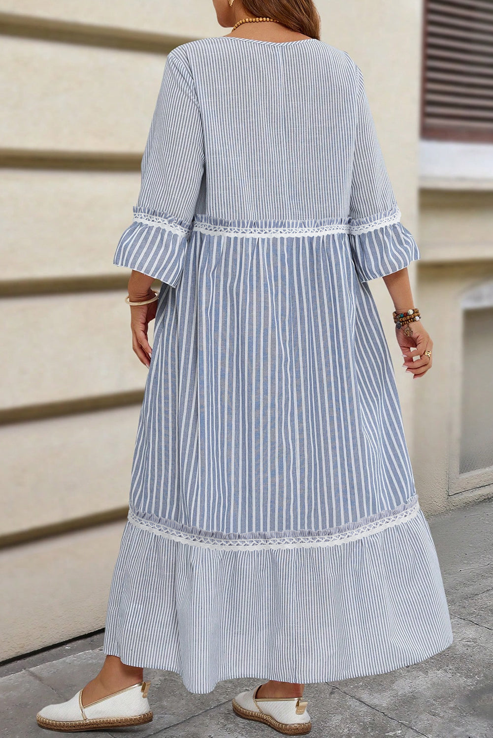 Sky Blue Crisscross Lace Detail Mixed Striped Patchwork Plus Size Dress 99ee9651eda6e120