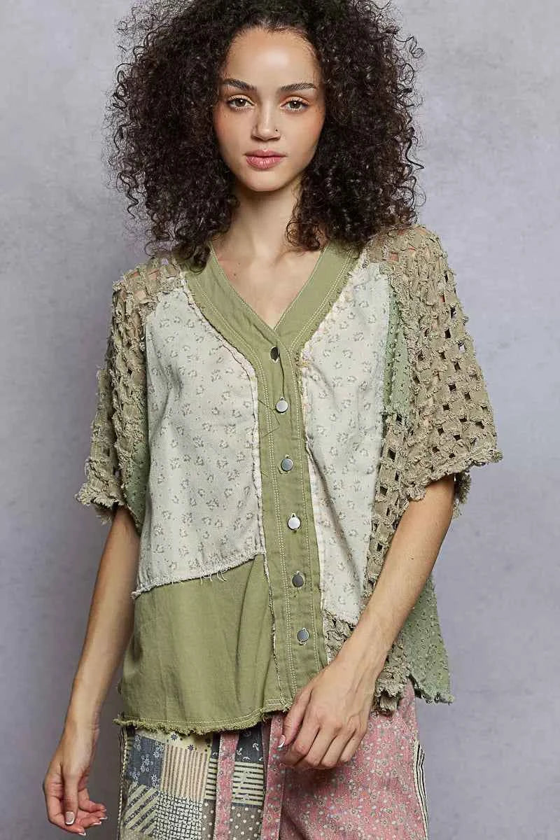 POL Button Down V-Neck Jacket with Printed Woven Patchwork OLIVE MULTI 99f10e29-d89e-4777-bfbd-e6201670fc52-Max-Origin