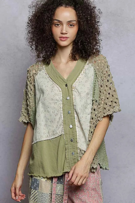 POL Button Down V-Neck Jacket with Printed Woven Patchwork OLIVE MULTI 99f10e29-d89e-4777-bfbd-e6201670fc52-Max-Origin