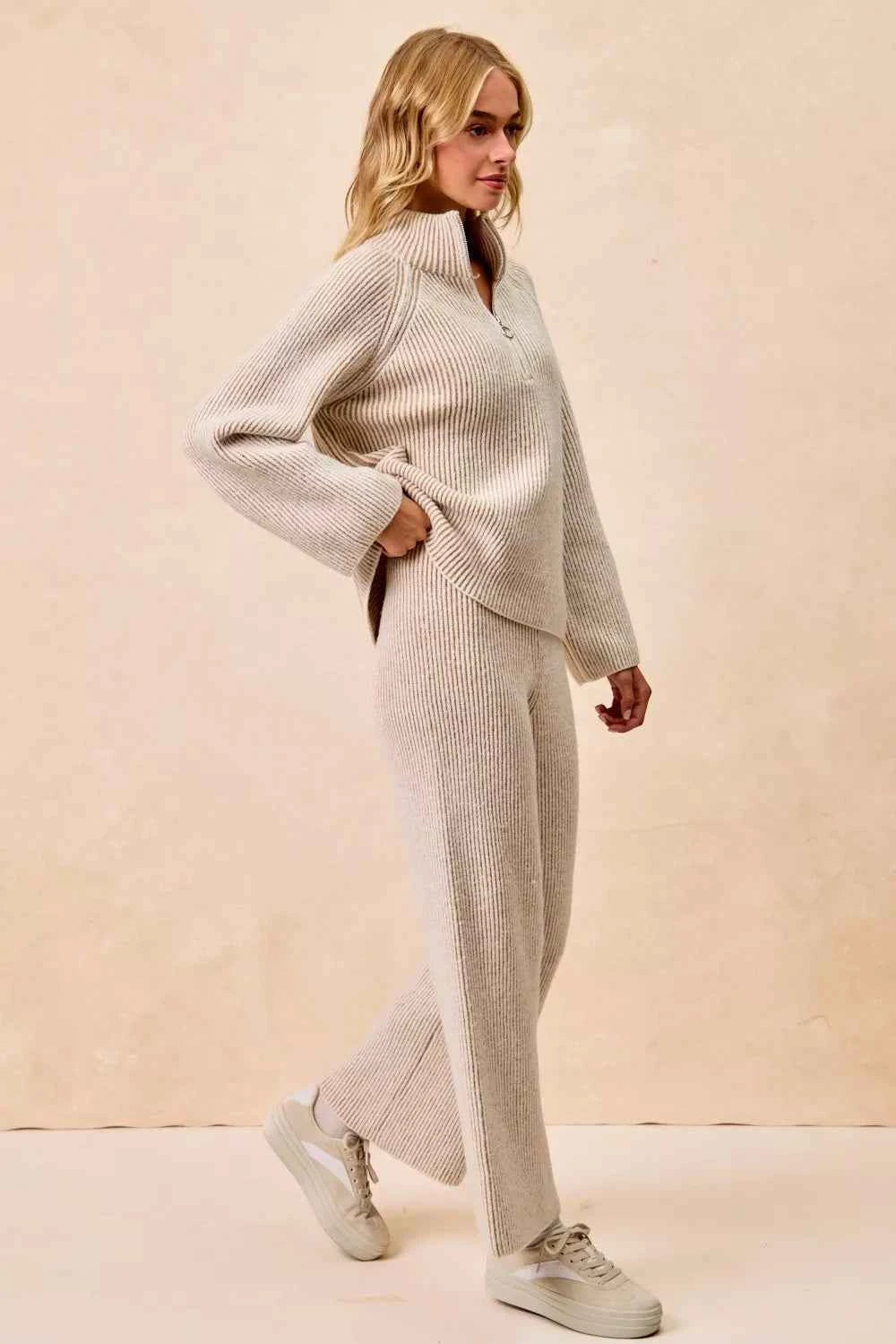 Two Tone Rib Texured Knit Collared Top with Zip Up 99f28ae4d27f424e8314a0a49d7d8a5c-Max-Origin