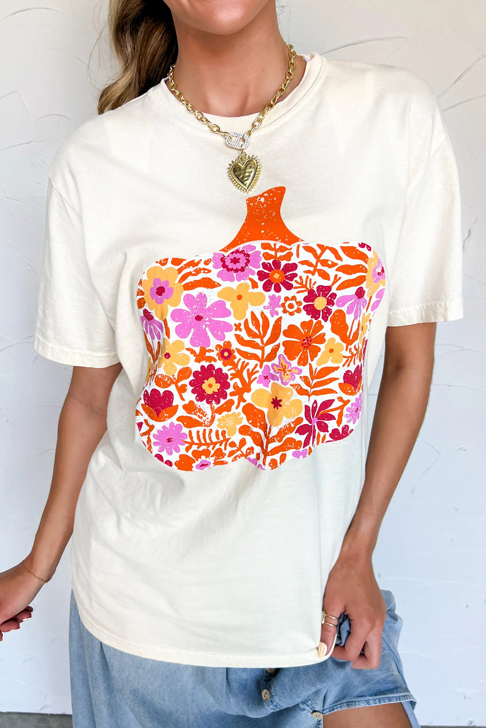 White Floral Pumpkin Heat Transfer Printing Graphic Tee 99f3840f006197a9