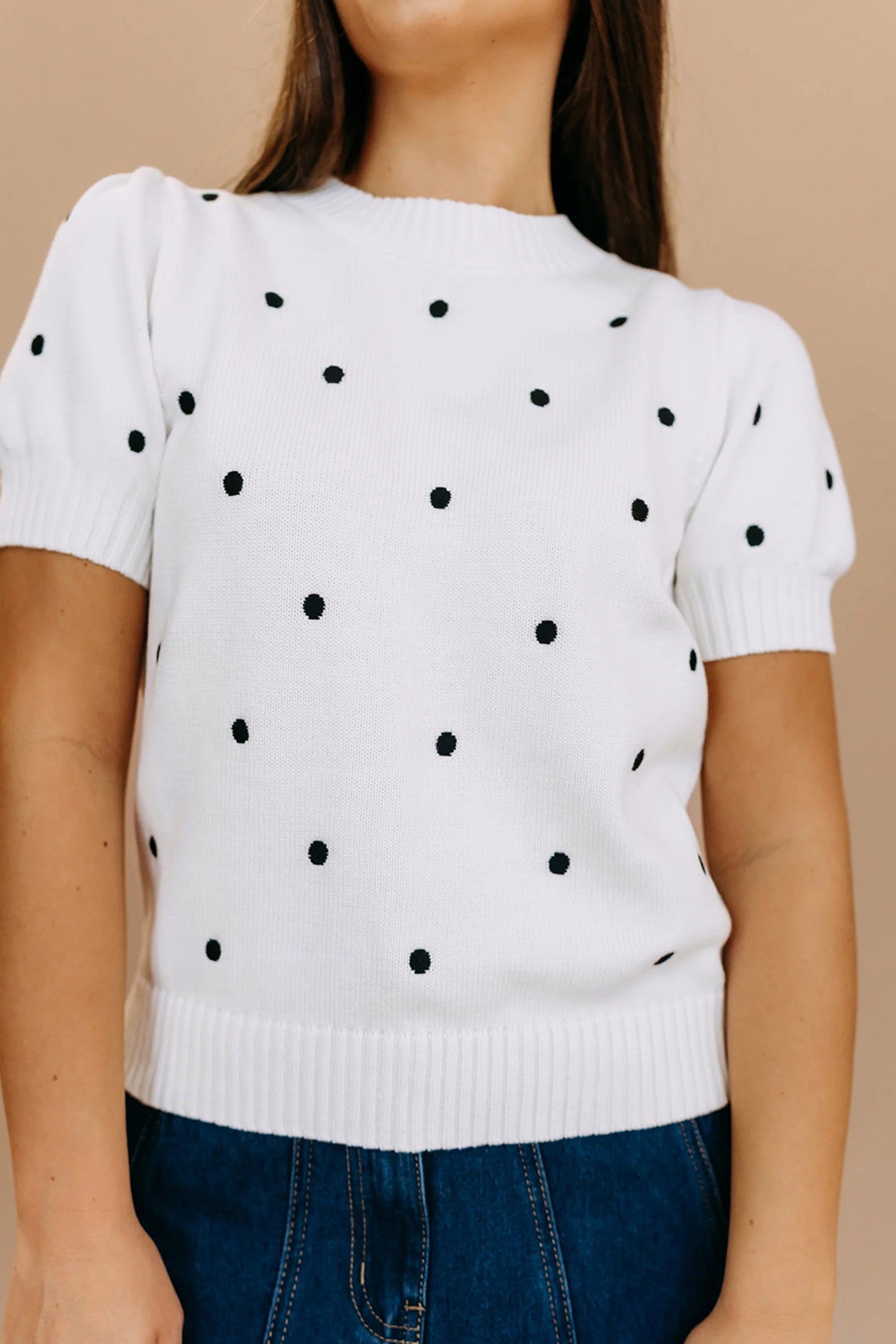 White Elegant Polka Dot Bubble Short Sleeve Sweater 99f958f10a507b3b