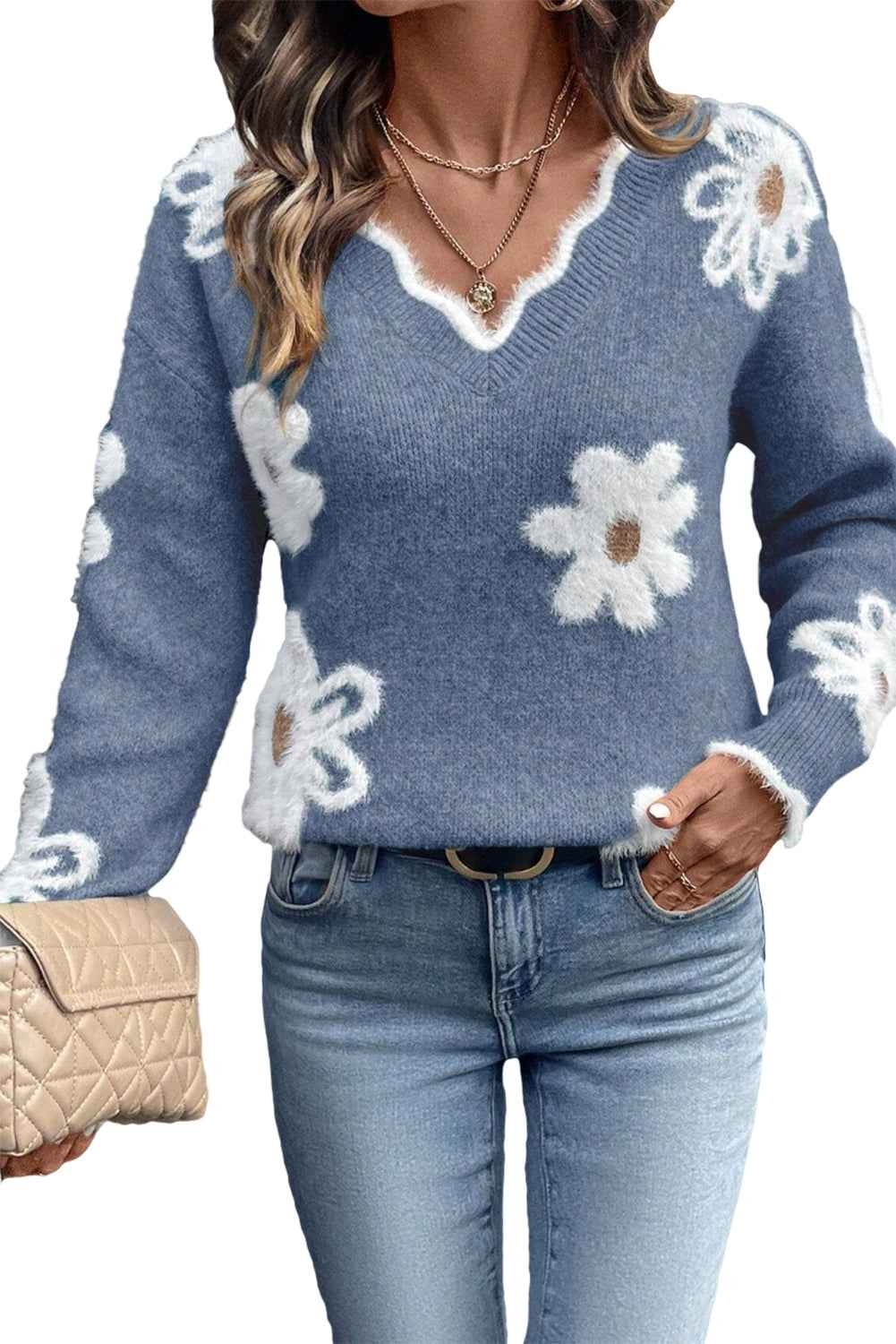 Seagrass Jacquard Floral Scallop V-neck Sweater 9a03d64ca2bef7f2
