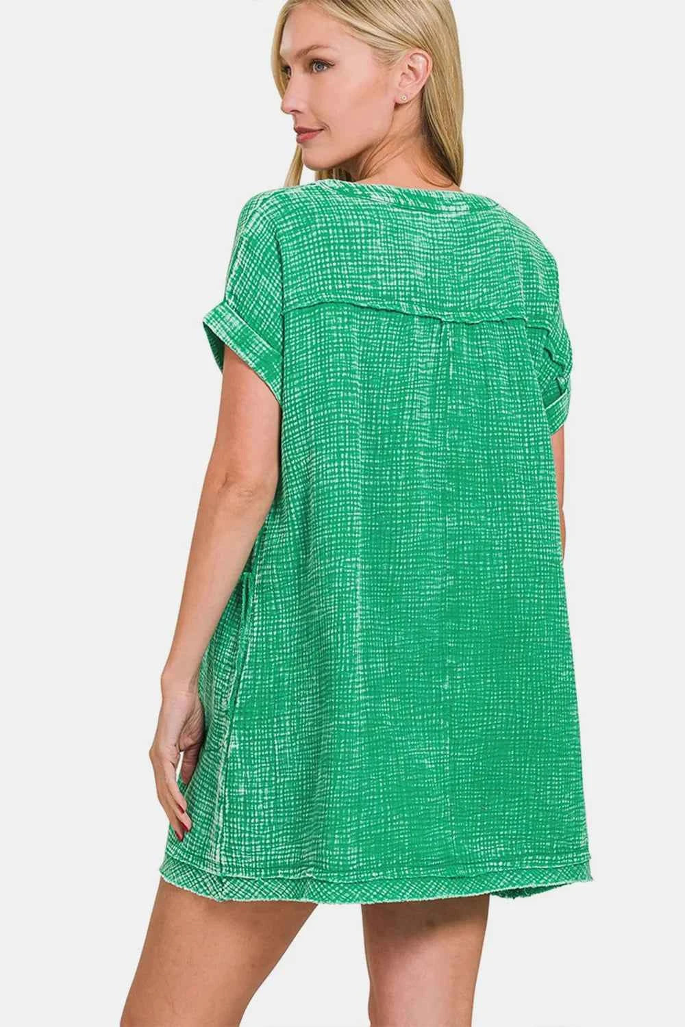 Zenana Washed Notched Short Sleeve Mini Dress 9a06b6ef-dab7-4651-86ea-ecb9e70ec628-Max