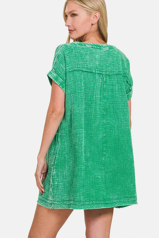Washed Notched Short Sleeve Mini Dress 9a06b6ef-dab7-4651-86ea-ecb9e70ec628-Max
