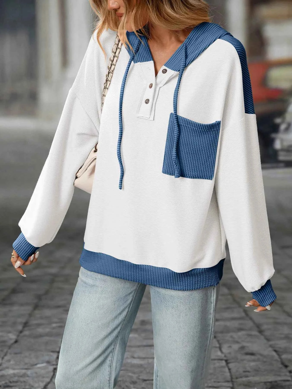 Drawstring Button Detail Long Sleeve Hoodie 9a0b012a2ba5414797d84c2c0c80c1d8-Max-Origin
