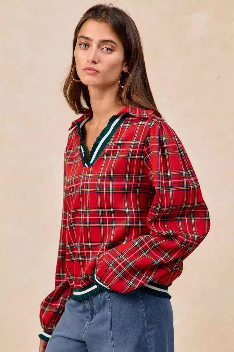 BiBi Christmas Plaid Collared Top with Ruffled Detail 9a123edebf114da097741b9d23fae6fd-Max-Origin
