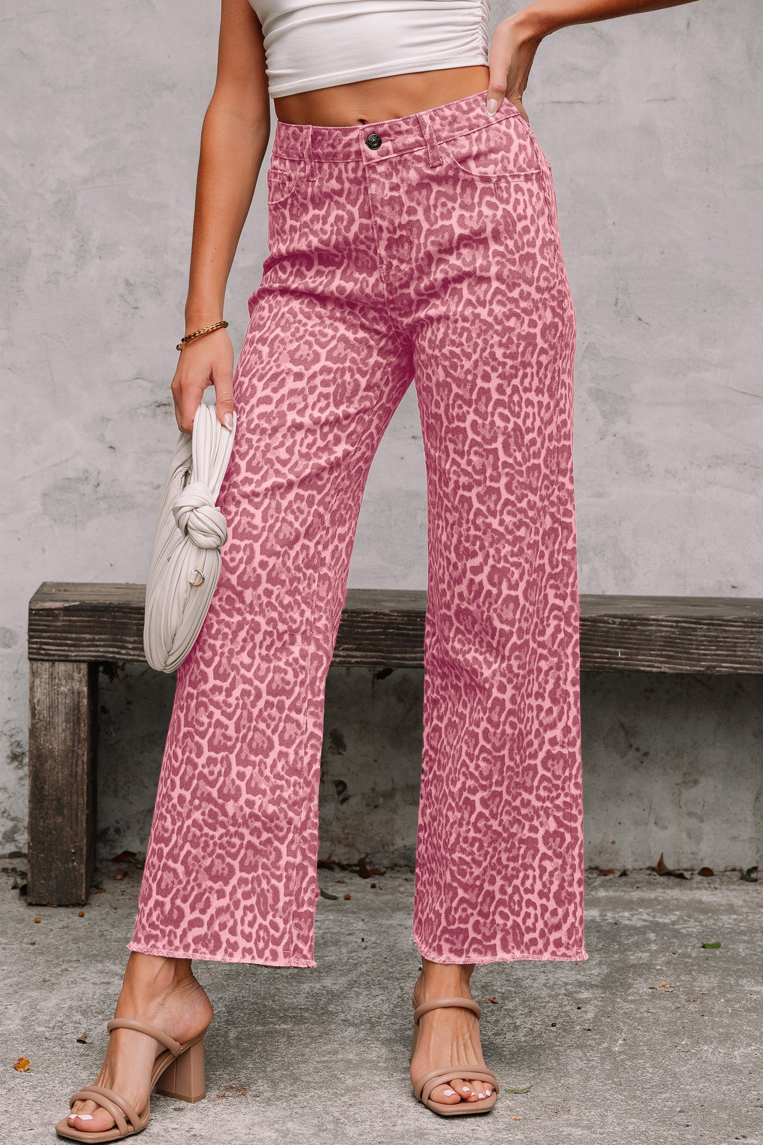Gray Leopard Frayed Edge Wide Leg High Waist Jeans Rose 65%Cotton+33%Polyester+2%Elastane 9a1463ce7911e44f
