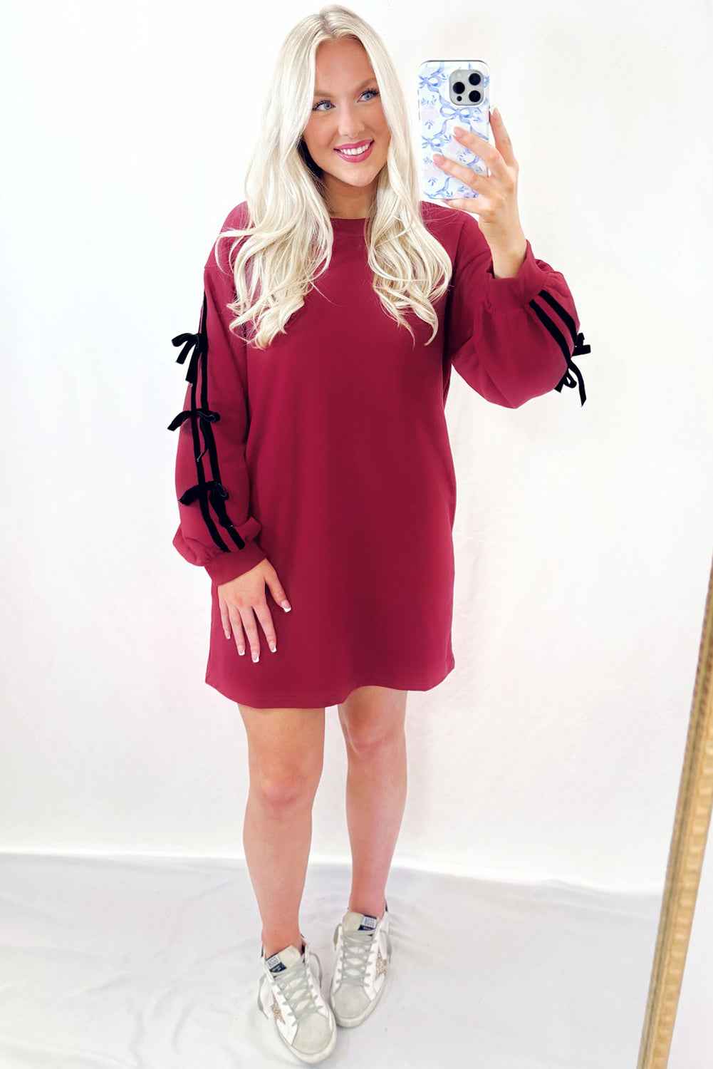 Racing Red Contrast Striped Bow Detail Drop Shoulder Sweatshirt Dress with Pockets 9a154e1d6c8ccbdc