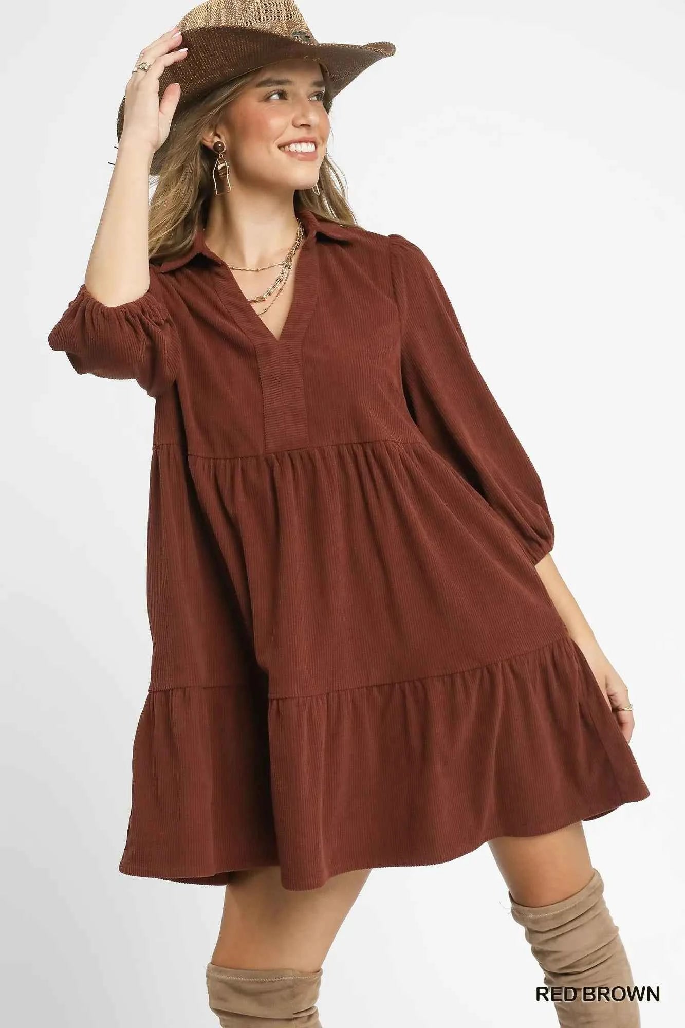 Umgee Tiered Corduroy Mini Dress with Balloon Sleeves RED BROWN 9a168ae5-53d7-4534-8b54-1e50a88b32a9-Max-Origin