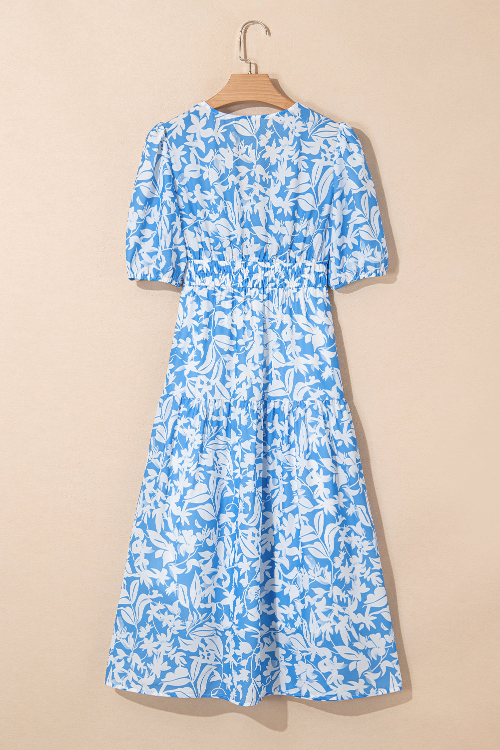 Sky Blue Floral Print Deep V Neck Puff Sleeve Flowy Dress 9a18e79cf5f459eb
