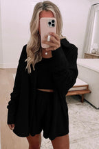 Black Shirred Hem Crop Tank Top Loose Shorts Cardigan 3 Piece Pajama Set 9a24a5c2f356a55d