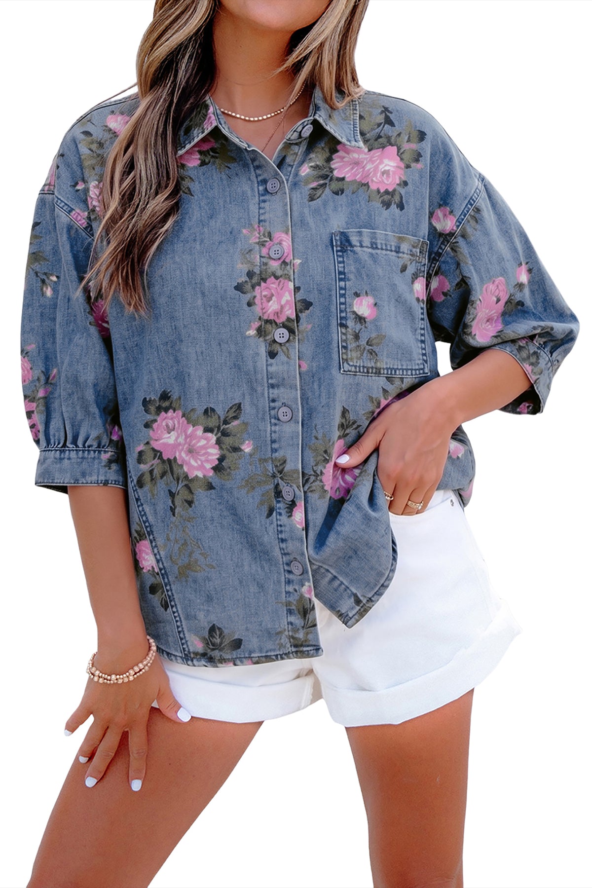 Blue Bracelet Sleeve Floral Denim Shirt 9a2a056da5db485b