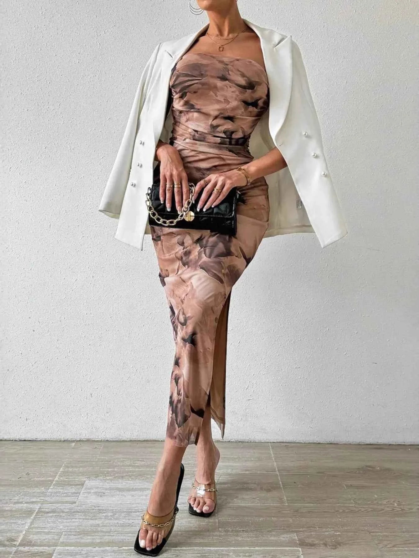 Printed Side Slit Tube Dress Camel 9a2b5702b5da41f6bee06ddf9fc3fd00-Max-Origin
