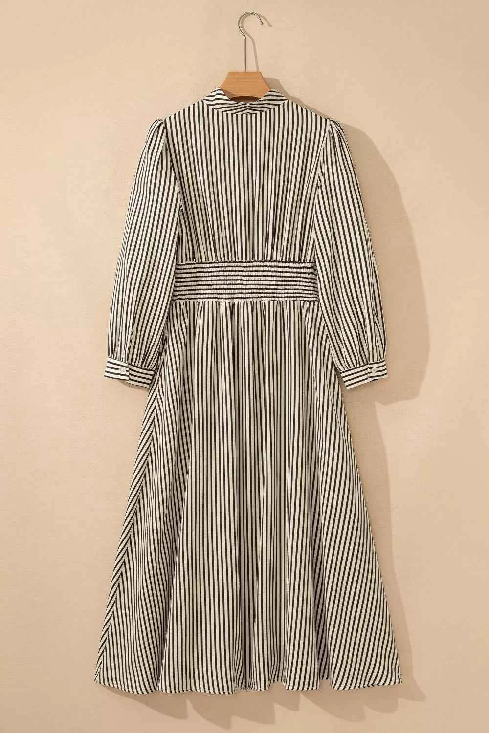 Stripe V Neck Zip Front Cinched High Waist Midi Dress