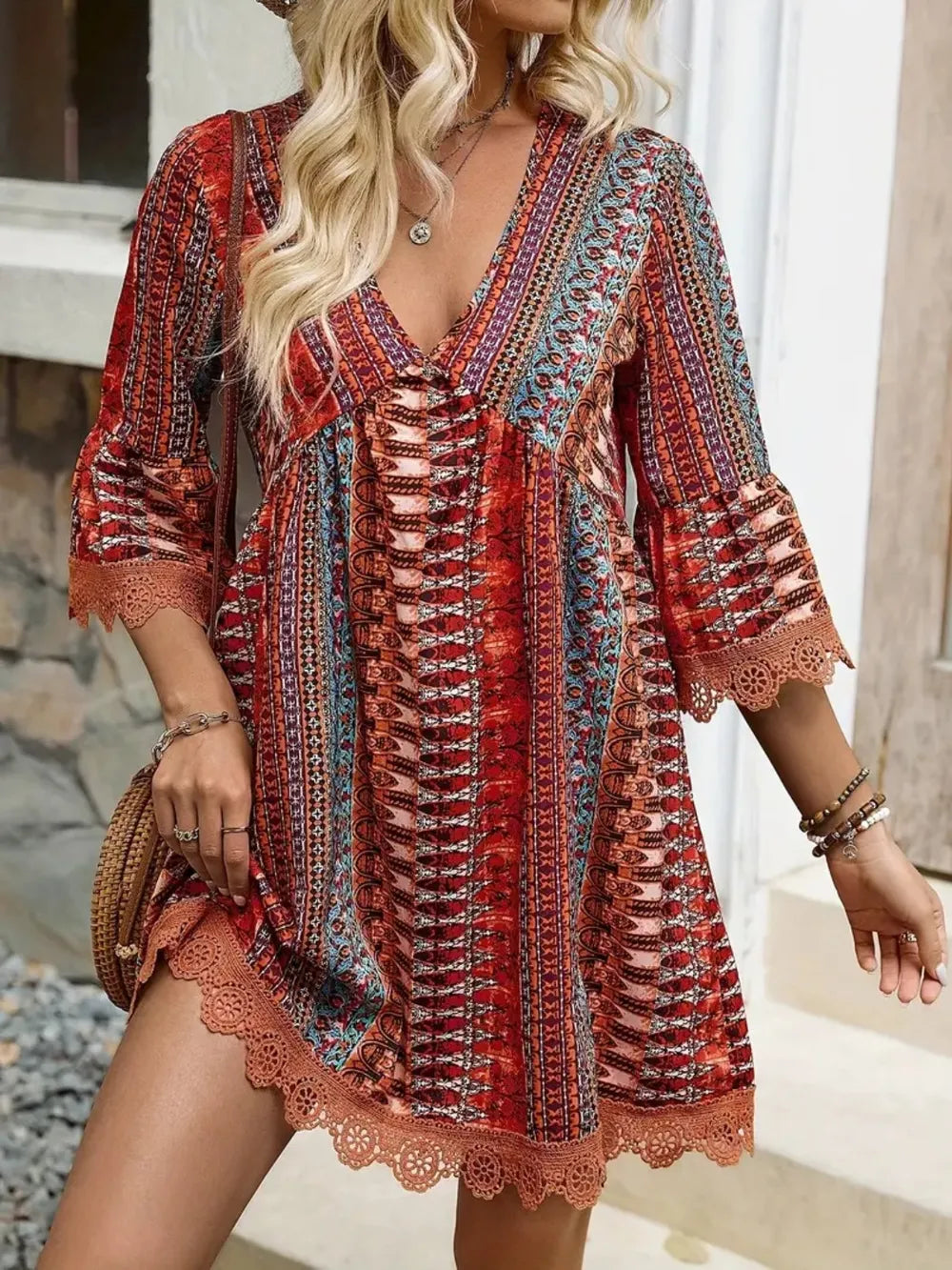 Lace Trim Printed V-Neck 3/4 Sleeve Dress 9a31f6f7-4e07-47d8-86e1-a784169737f8-Max