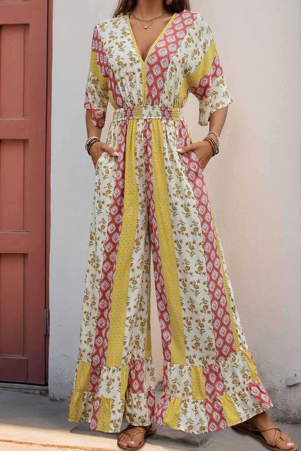 Yellow Boho V Neck Half Sleeve Patchwork Maxi Dress 9a36e6bccf5f1f38