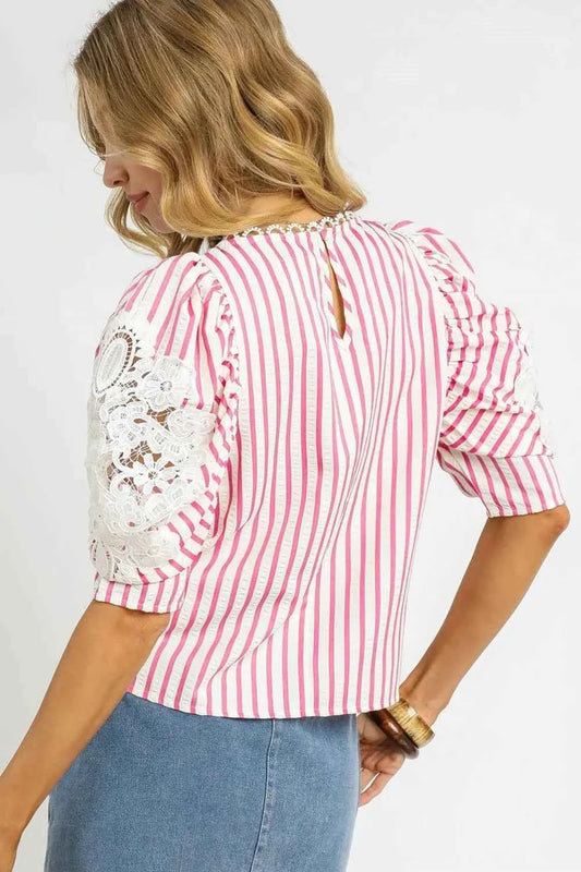 Striped Lace Puff Sleeve Blouse 9a4123a4-1245-4bbd-afcd-a735b373912b-Max-Origin